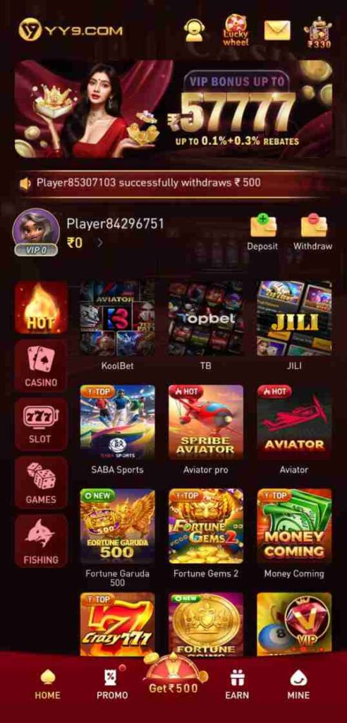 YY9 Game mobile gaming dashboard with multiple game categories